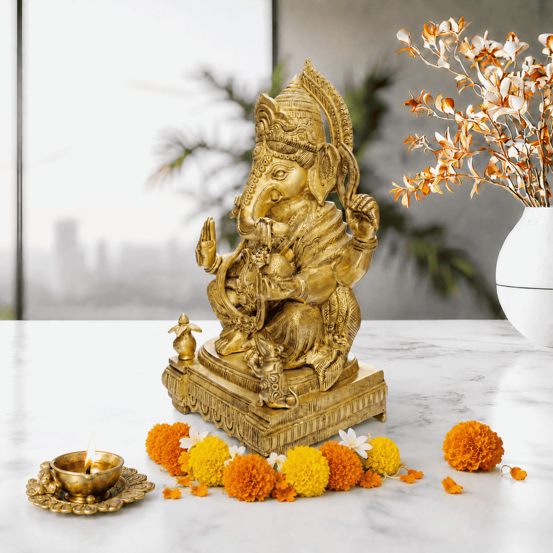 Brass Home Temple Decoration Ganesha Goddess 44 Cm With Hand Engraved
