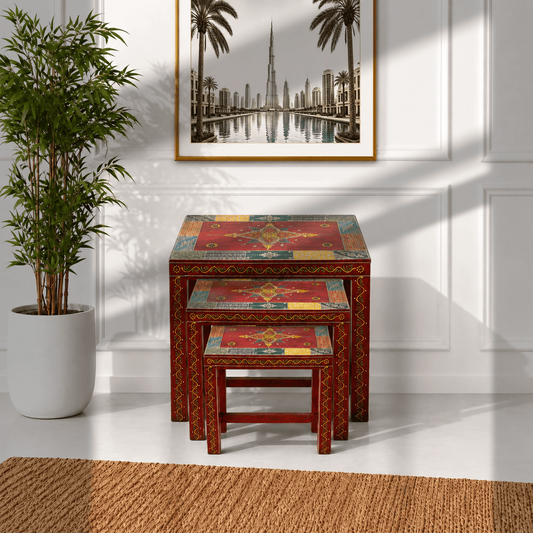 Bohemian Hand-Painted Mango Wood Nesting Tables – 3 Piece