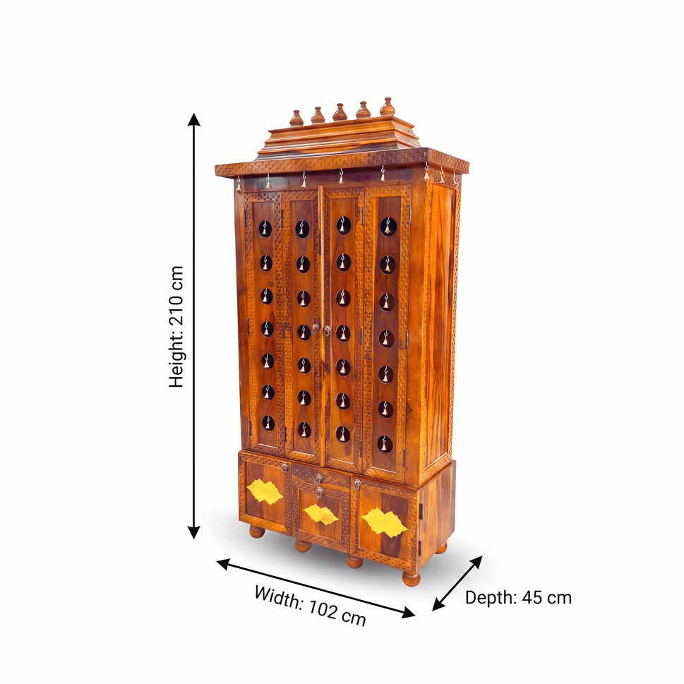 Handicrafted Shisham Wood Home Temple With Three Storage Drawers