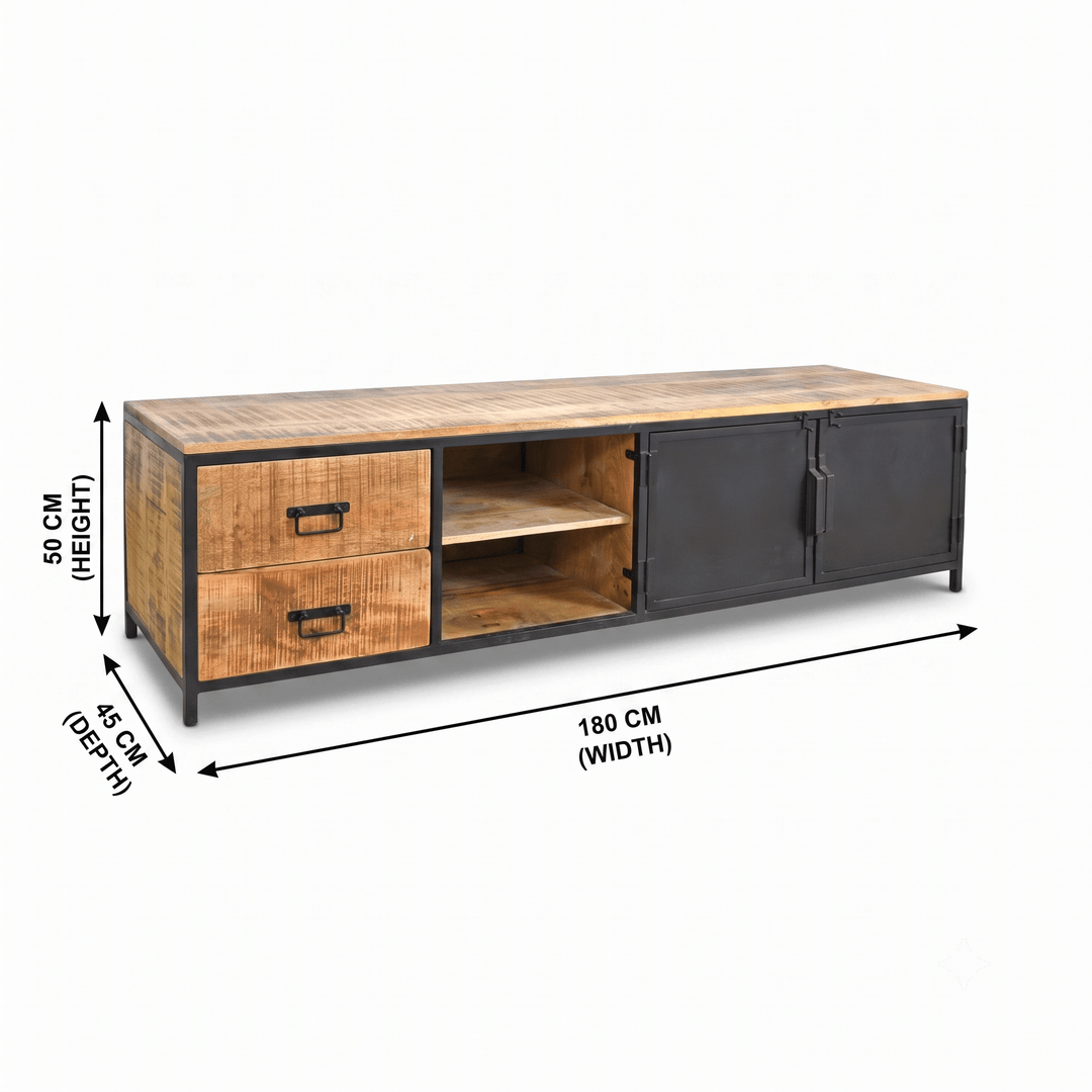 Solid Wood TV Bench with Storage Drawers & Shelves