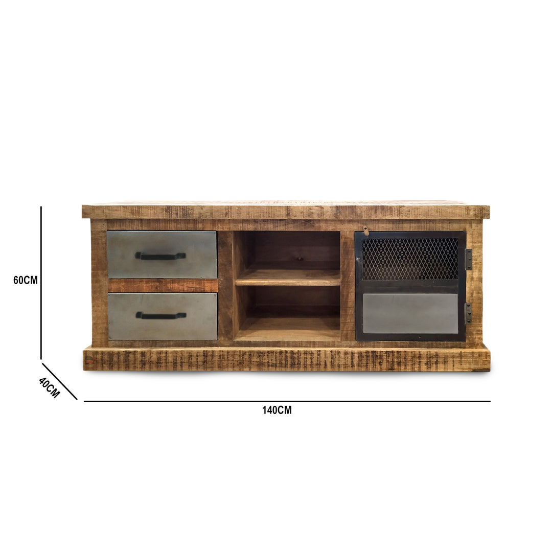 Industrial mango wood TV console with metal accent