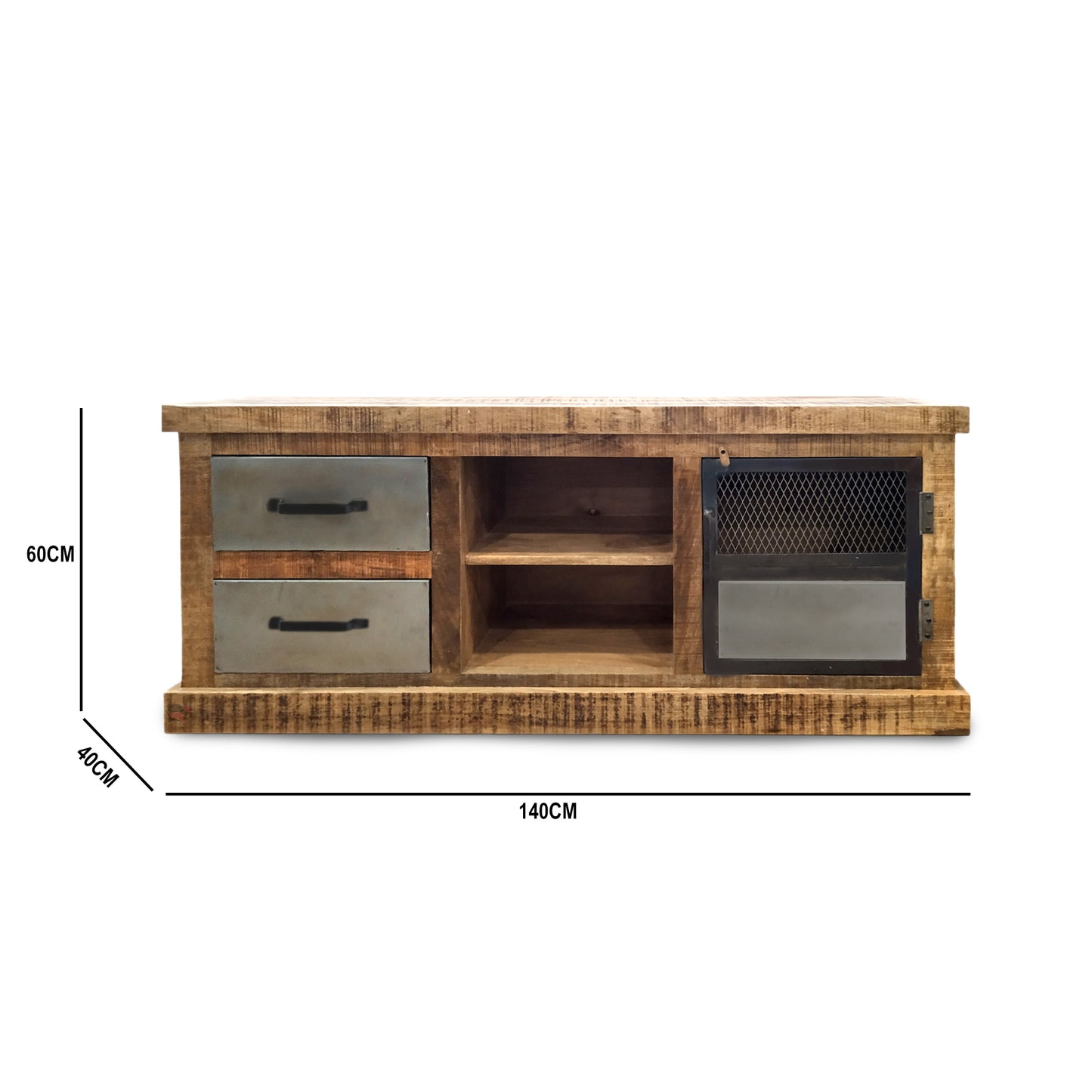 Solid wood & metal industrial tv unit with antique finish