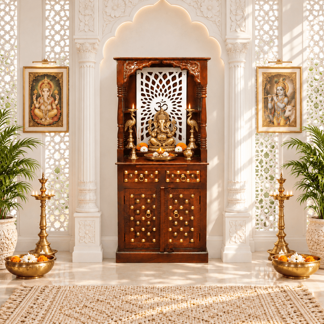 Freestanding Mango Wood Home Temple With Drawers & Cupboard