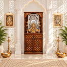Switch home temple, artisan-made Indian hardwood mandir, solid mango wood temple with cabinet, premium hardwood deity cabinet, natural wood indoor temple, real wood standing mandir, 
 1 image