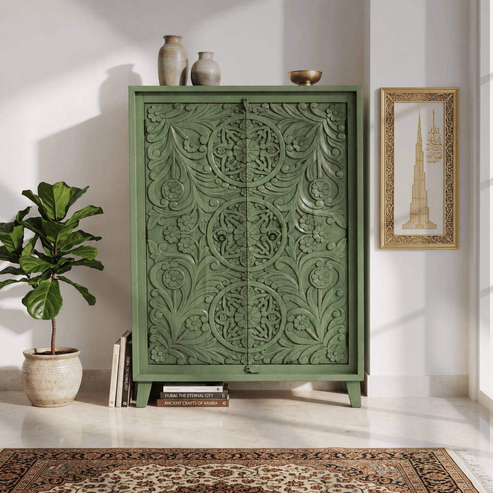 Elegant Hand Carved Mango Wood Accent Cabinet with natural wood finish