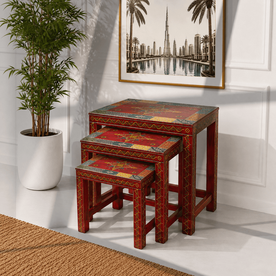 Bohemian Hand-Painted Mango Wood Nesting Tables – 3 Piece