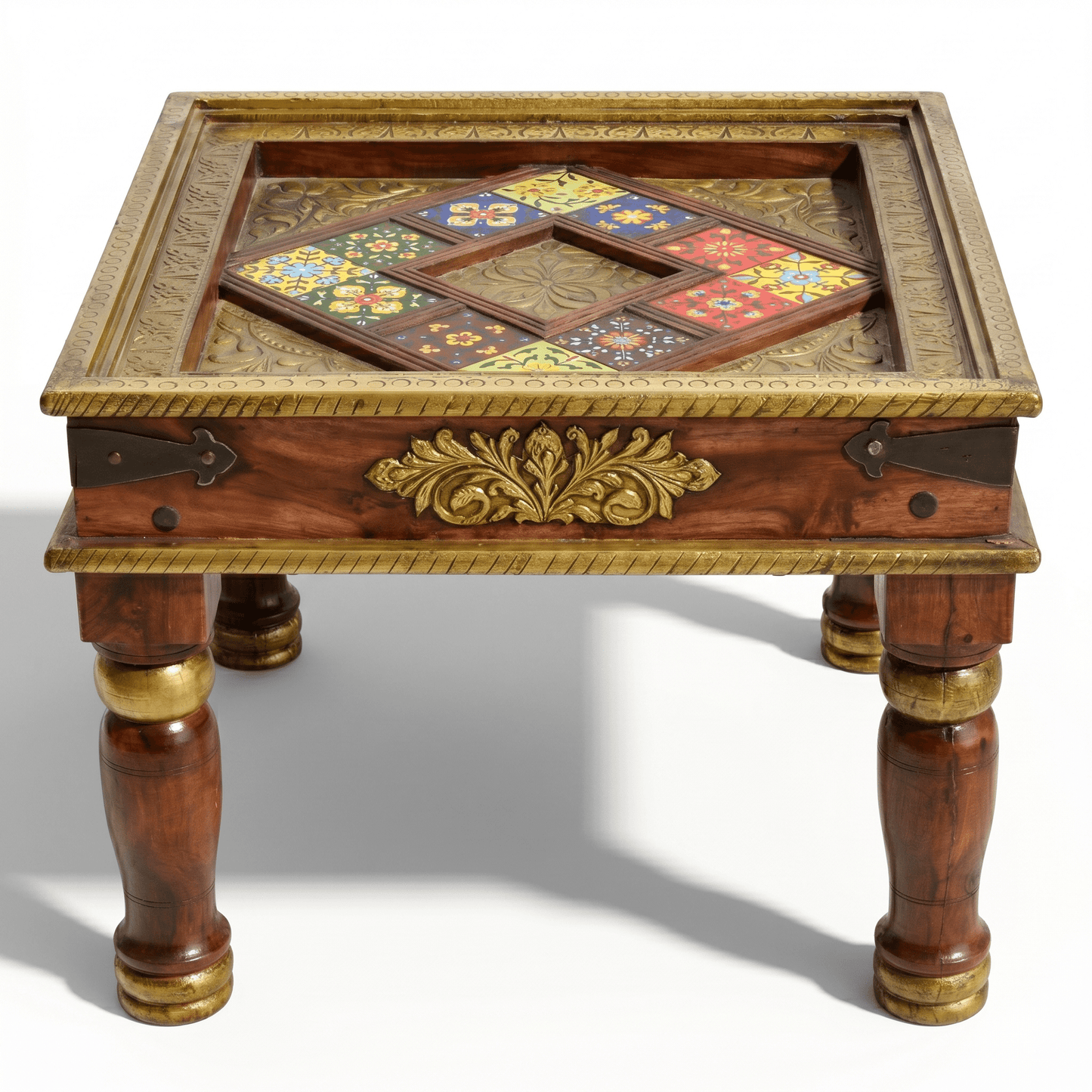 sheesham wood squire table with brass, solid wood coffee table with tiles work, hard wood brass fitted side table UAE,premium wood hand made end table Dubai,