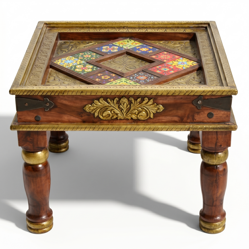 Solid Wood Sheesham Side Table with Brass Work | Luxury Sheesham Table UAE
