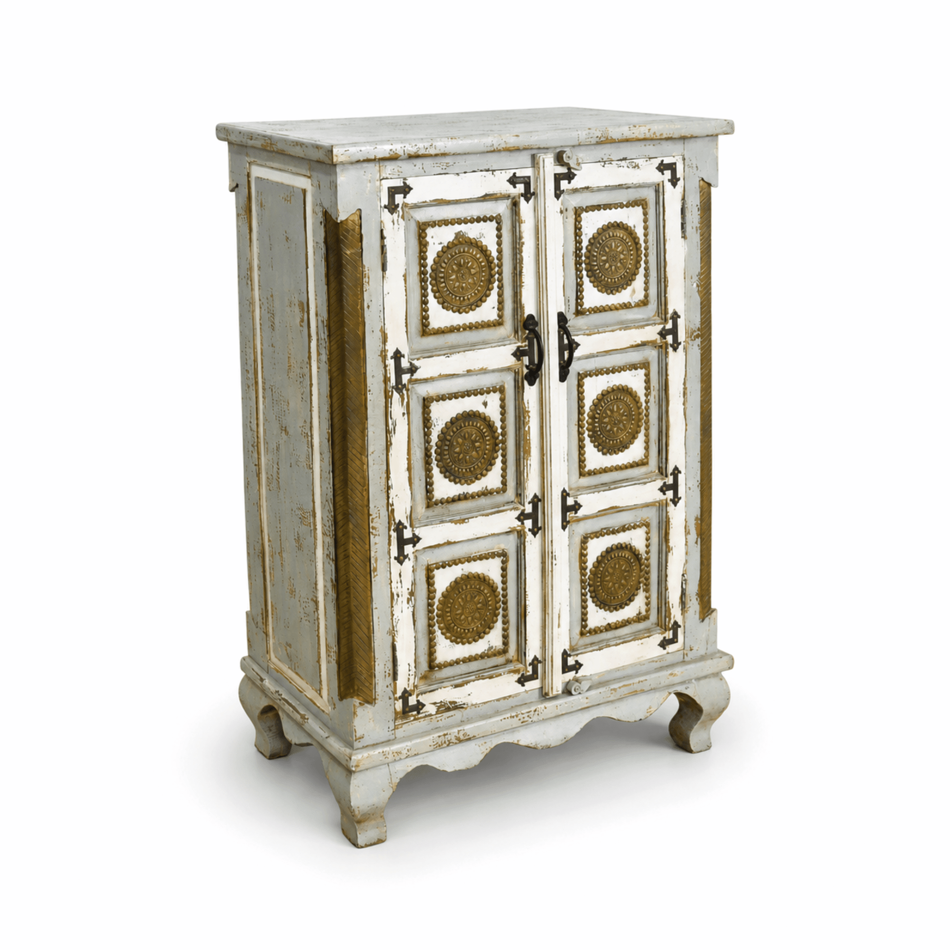 Antique White Rustic Mango Wood Cabinet with brass art work