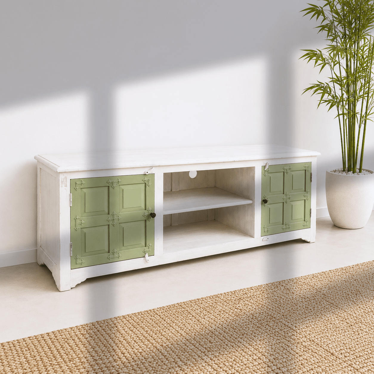 wooden console cabinet for living room, high quality hardwood TV unit Dubai, premium media storage cabinet UAE, handcrafted mango wood entertainment console, luxury home TV furniture UAE, white green rustic finish TV cabinet UAE,