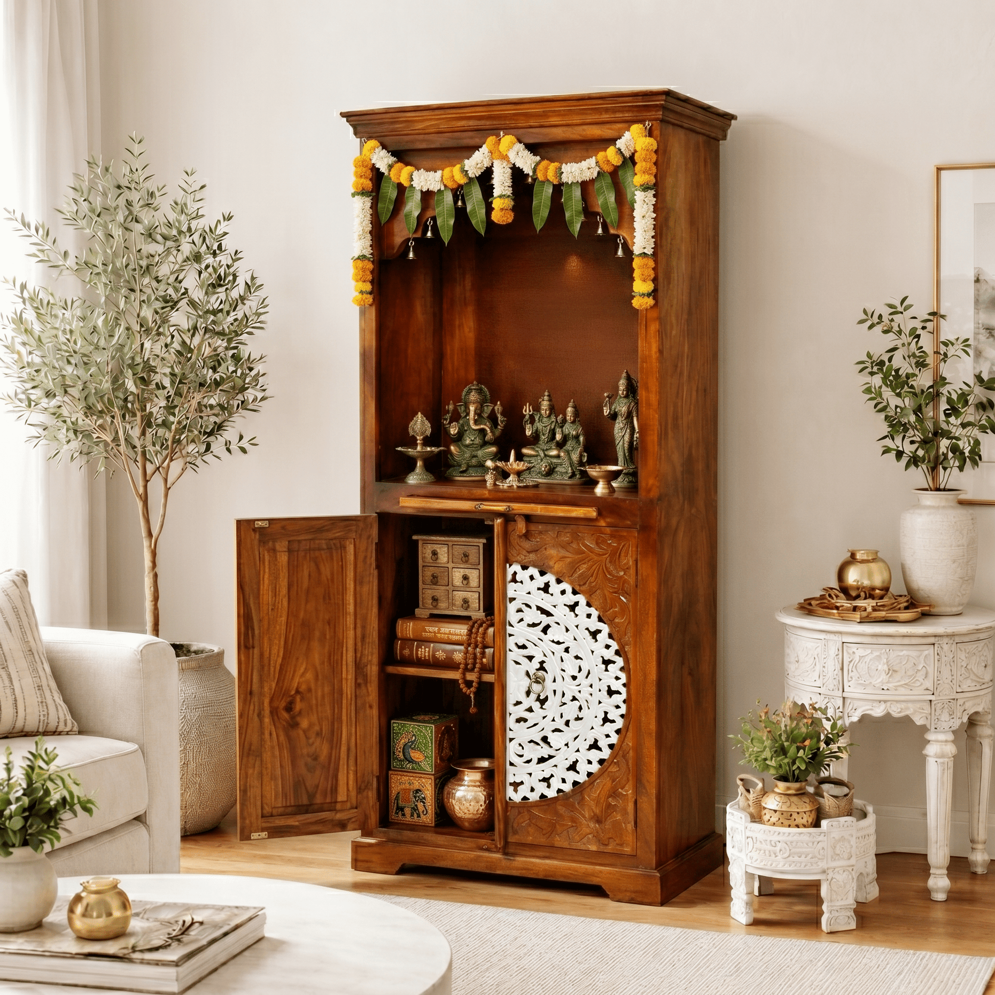 Handcrafted Wooden Hindu Worship Cabinet with Elegant Arch Design