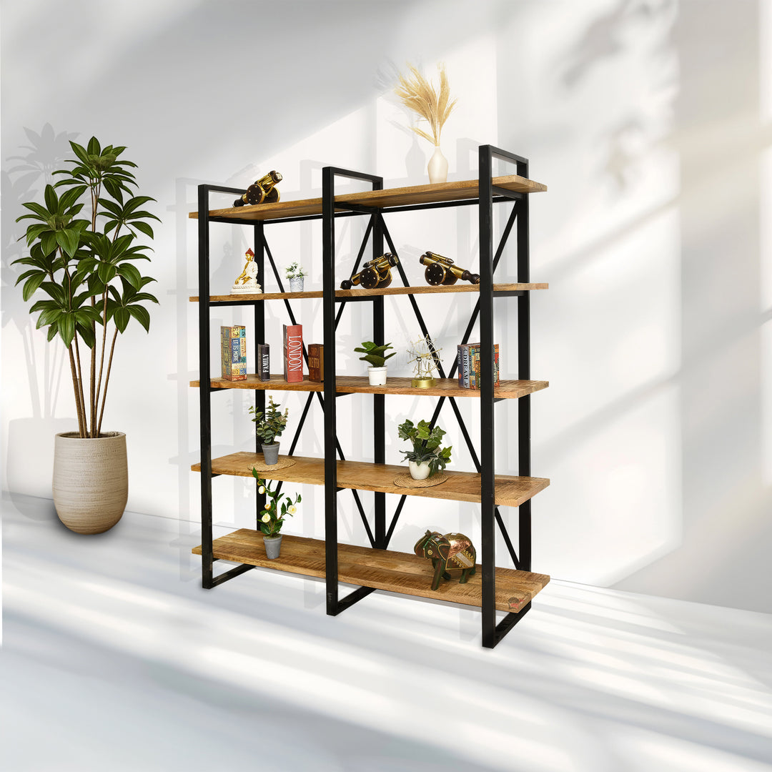 Five-Tier Industrial Bookshelf Cabinet with Black Metal Frame