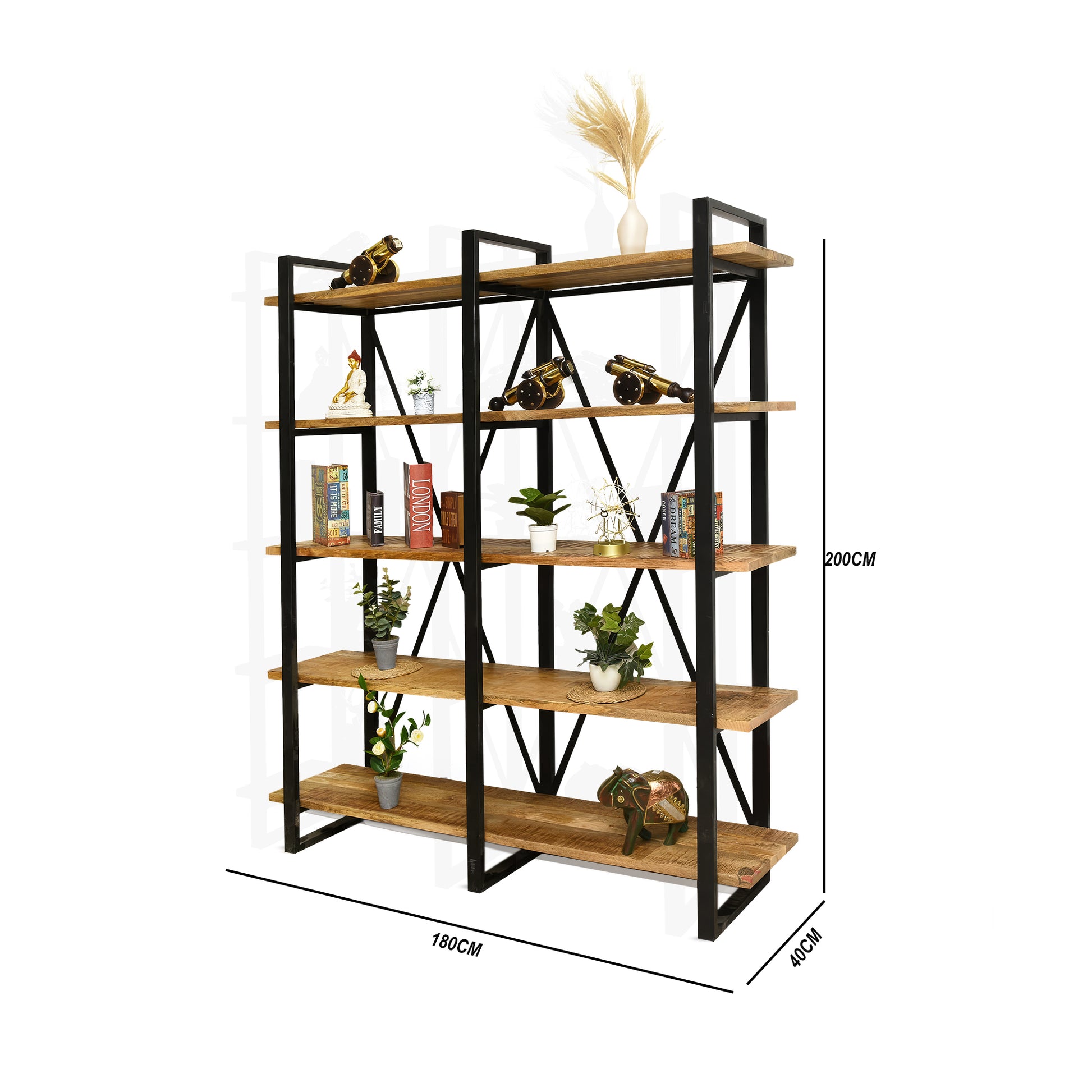 five - tier industrial - style bookshelf cabinet with black metal frame