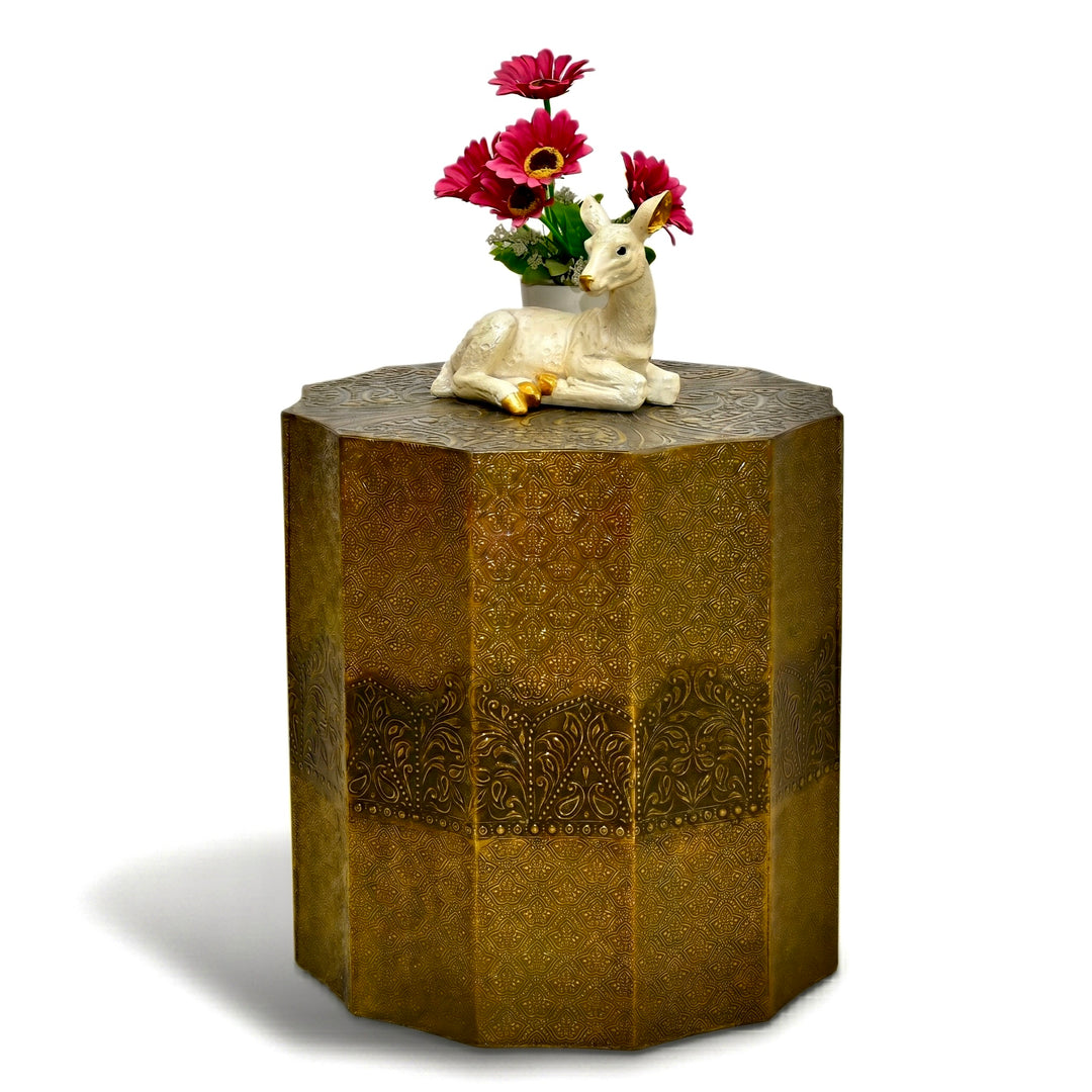 The wood Golden Embossed Hexagonal Side Table | Luxury Accent Table UAE