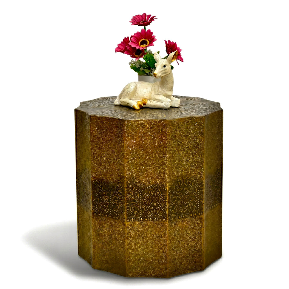 The wood Golden Embossed Hexagonal Side Table | Luxury Accent Table UAE