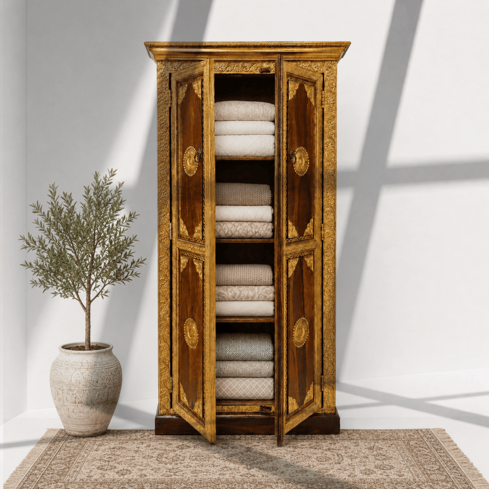 Signature Rose Wood Brass Inlay Accent Storage Cupboard Cabinet