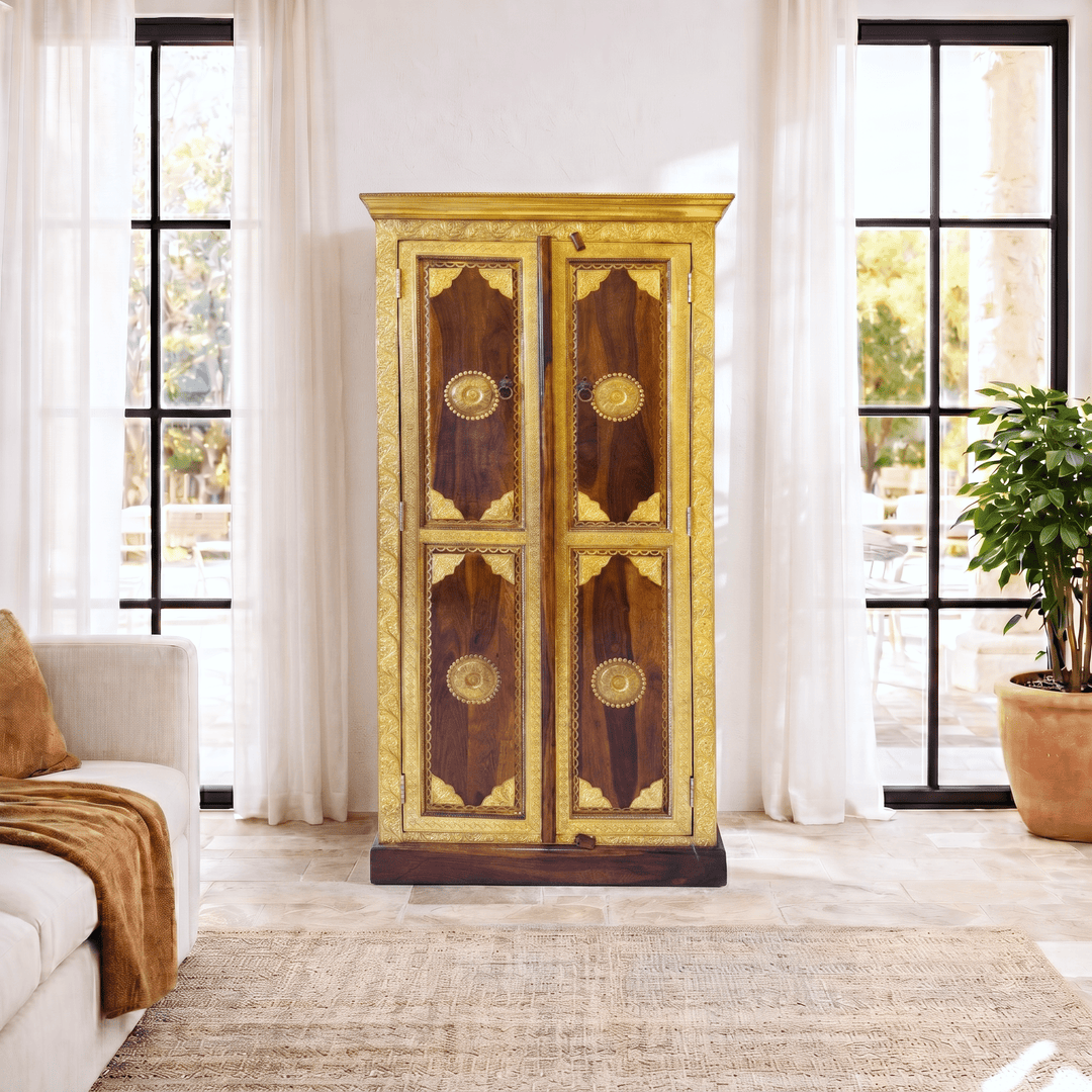 Signature Rose Wood Brass Inlay Accent Storage Cupboard Cabinet