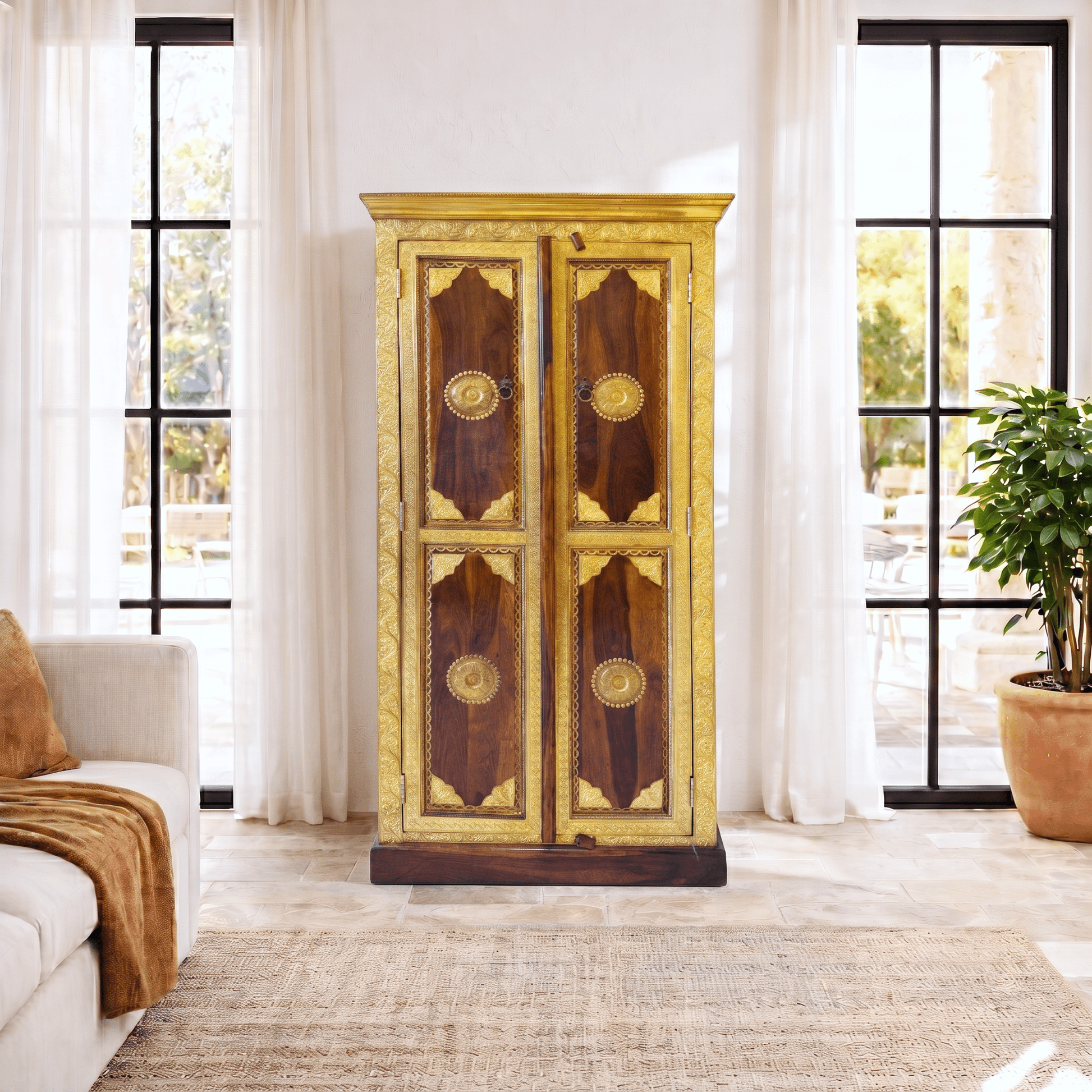 Signature Rose Wood Brass Inlay Accent Storage Cupboard Cabinet