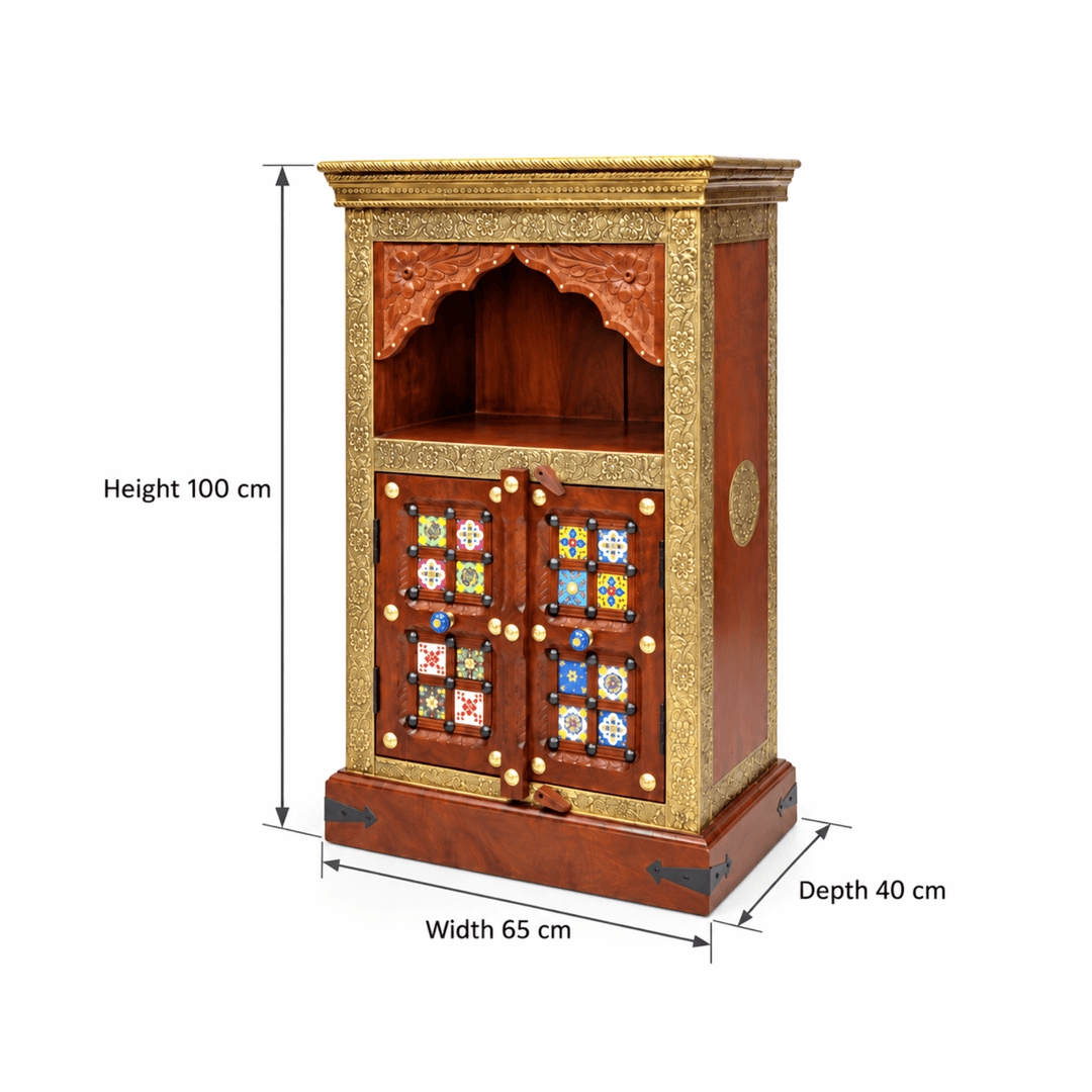 Indian Rosewood Pooja Mandapam with Brass and Tile Work