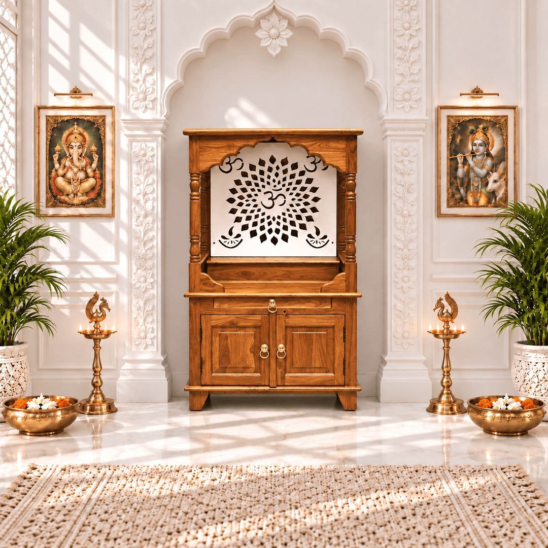 معبد منزلي من الخشب الصلب مع رف وباب