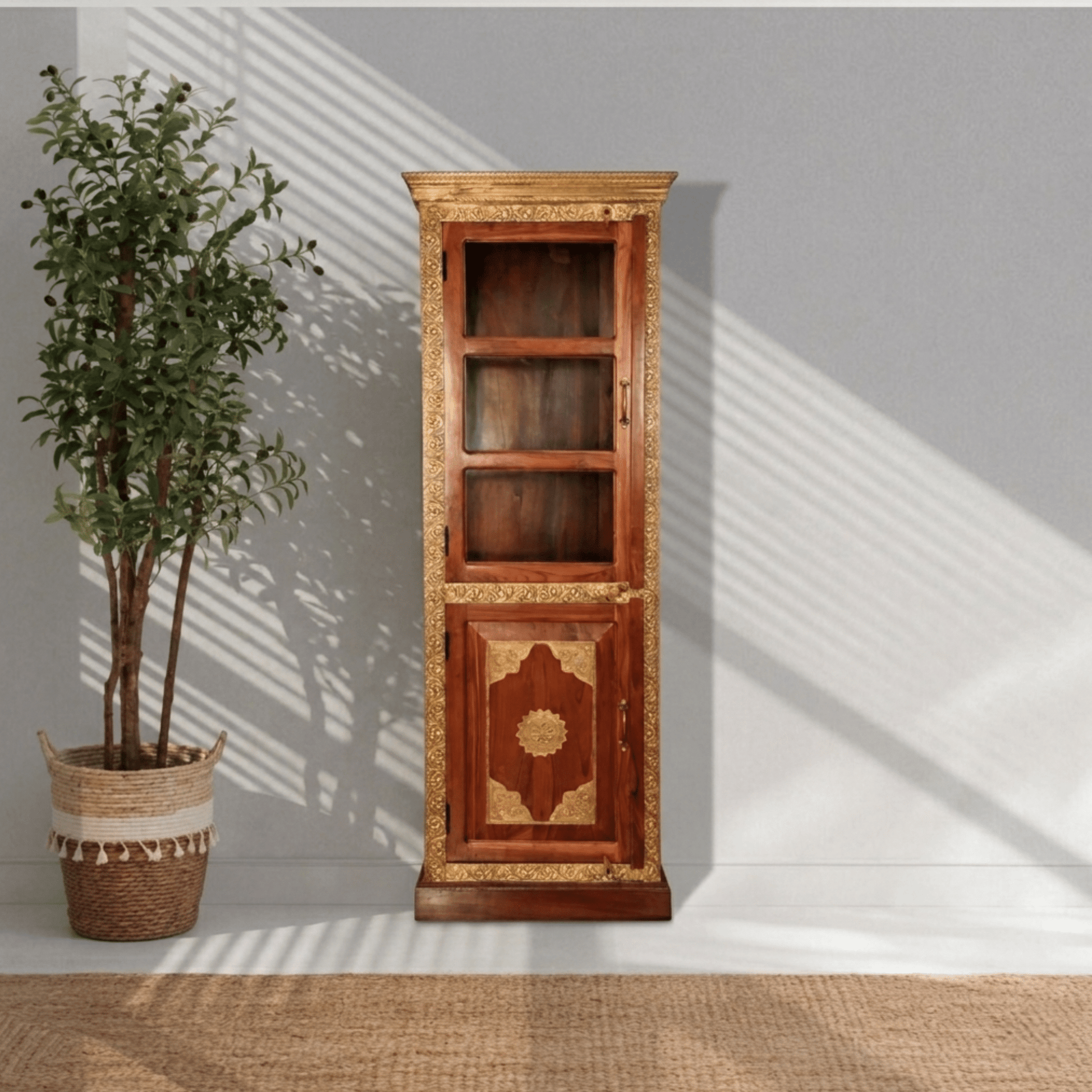 Handcrafted Wooden & Glass Brass Cabinet