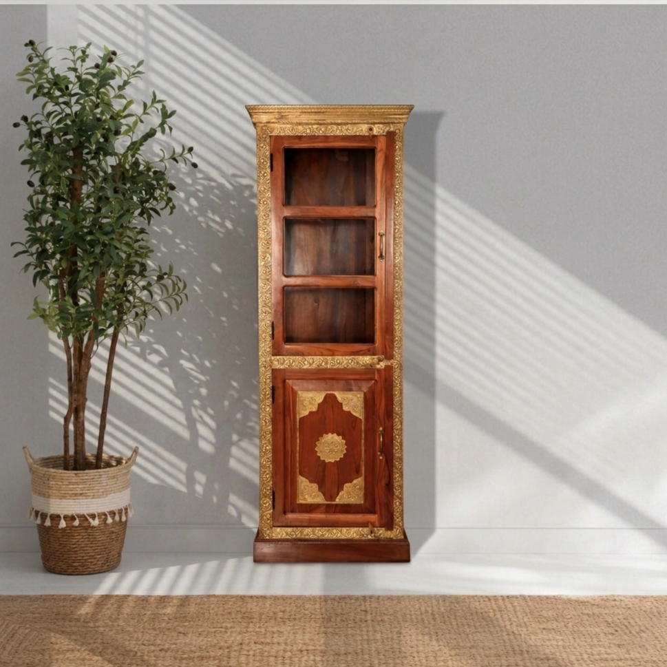 Handcrafted Wooden & Glass Brass Cabinet