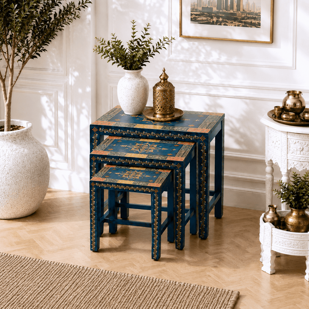 Multicolor blue handcrafted nesting tables set of 3 pieces