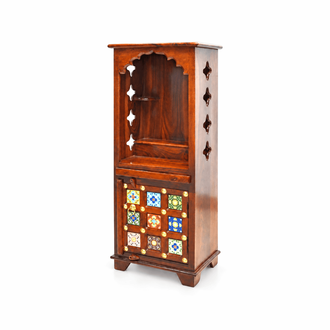 Tall and slim mango wood mandir with cupboard for home