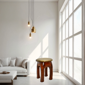 Handcrafted Brass Fitted Wooden Stool with Wood Color Finish | Dubai UAE