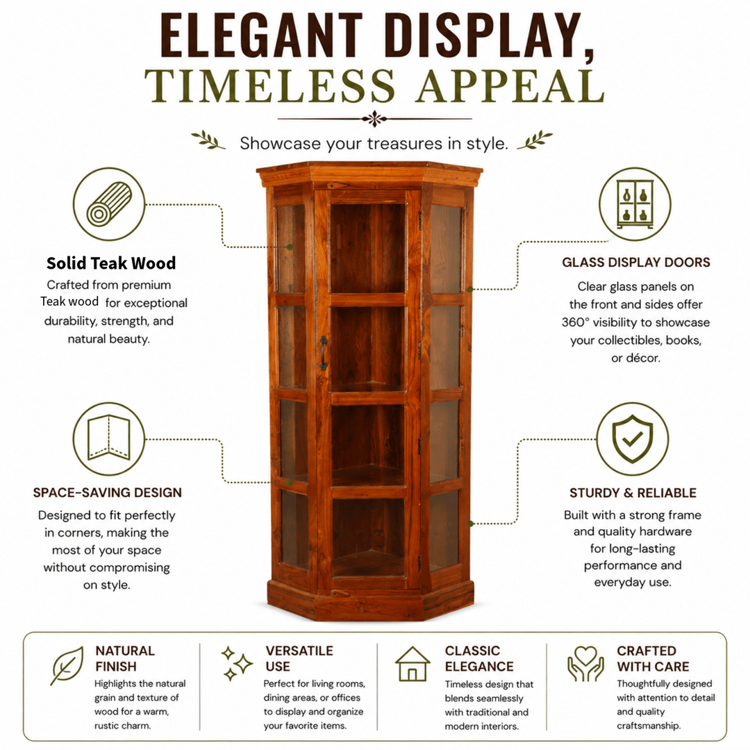 Opulent Solid Teak Wood Glass Display Cupboard with honey finish