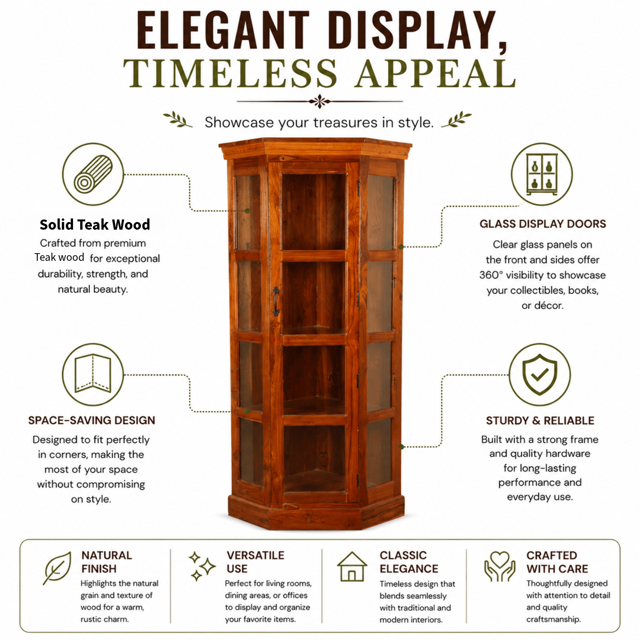 Opulent Solid Teak Wood Glass Display Cupboard with honey finish