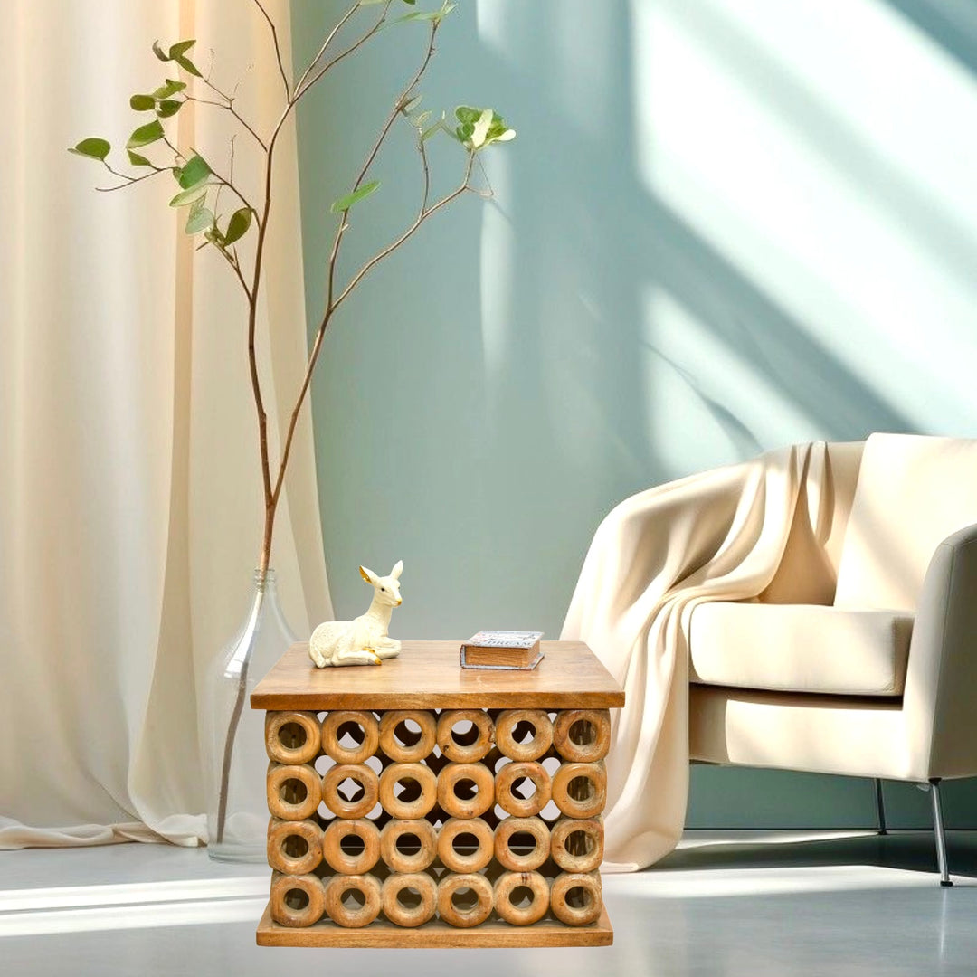 Mango Wood Hand Carved Tea Table with Natural Wood Finish | Dubai UAE