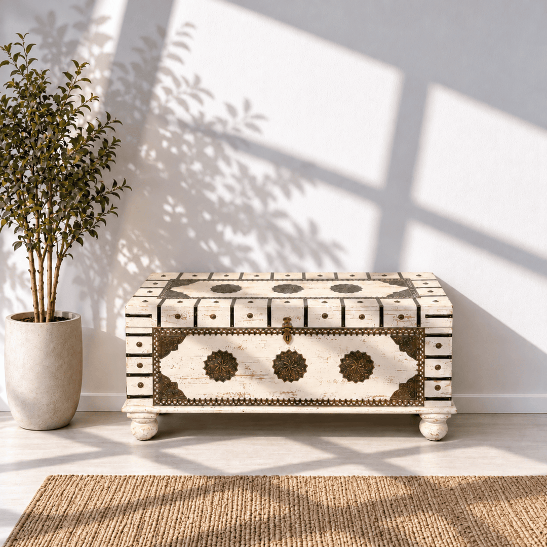 Indian Heritage Mango Wood Chest with White Rustic Finish